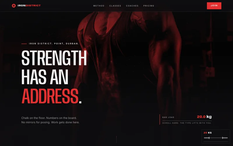 Screenshot of the Iron District gym demonstration website